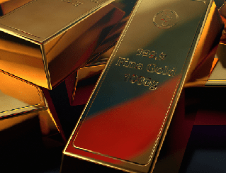 Shiny gold bars stacked together in a warm-lit display of bullion