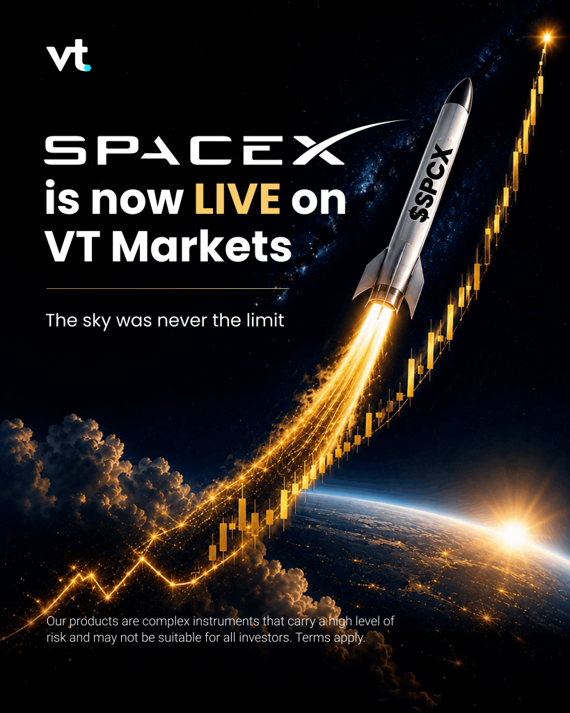 SpaceX rocket launching diagonally across a dark starry background with VT Markets branding and bold white and gold text: 'SpaceX is now LIVE on VT Markets'