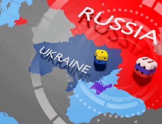 Stylized map with Ukraine in blue and Russia in red, dice nearby suggesting risk or chance in the region