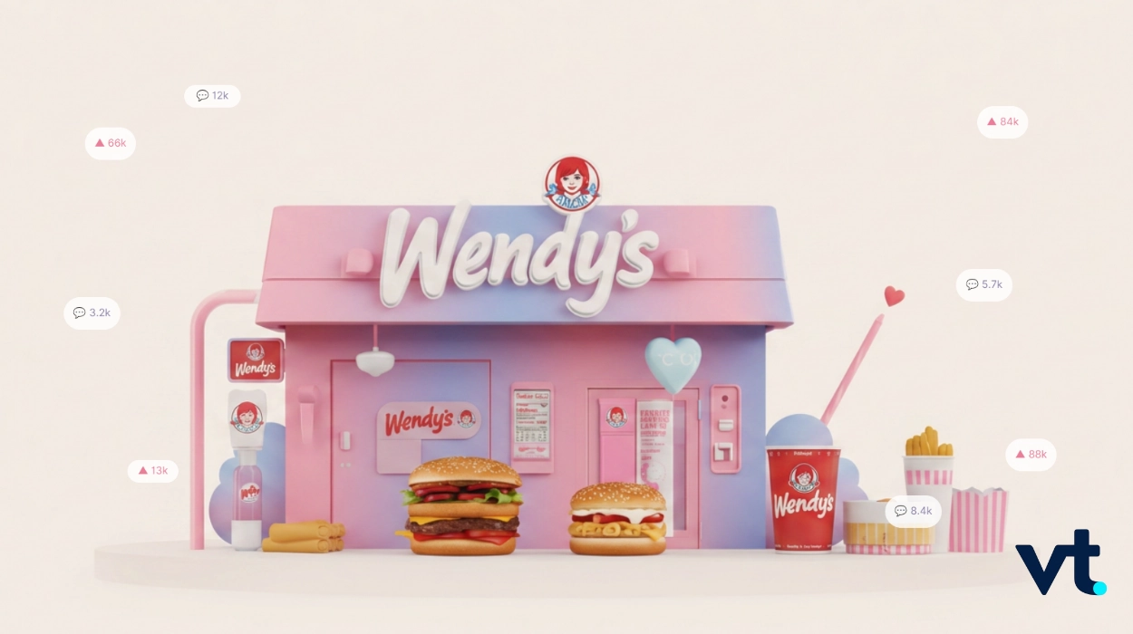Pastel Wendy's storefront model with two burgers, fries, and a drink on a white platform; VT logo in the bottom right.
