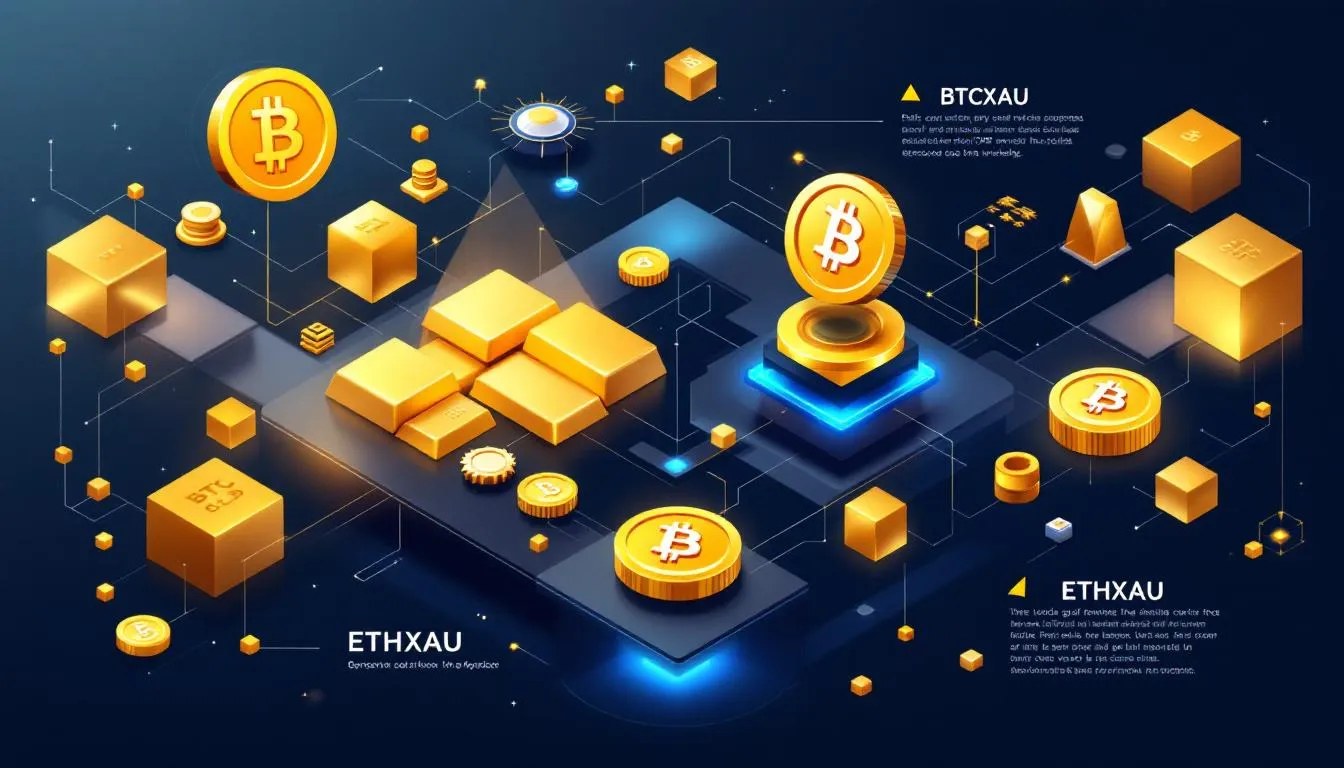 An illustration depicting crypto gold synthetic CFDs like BTCXAU and ETHXAU in a trading environment.