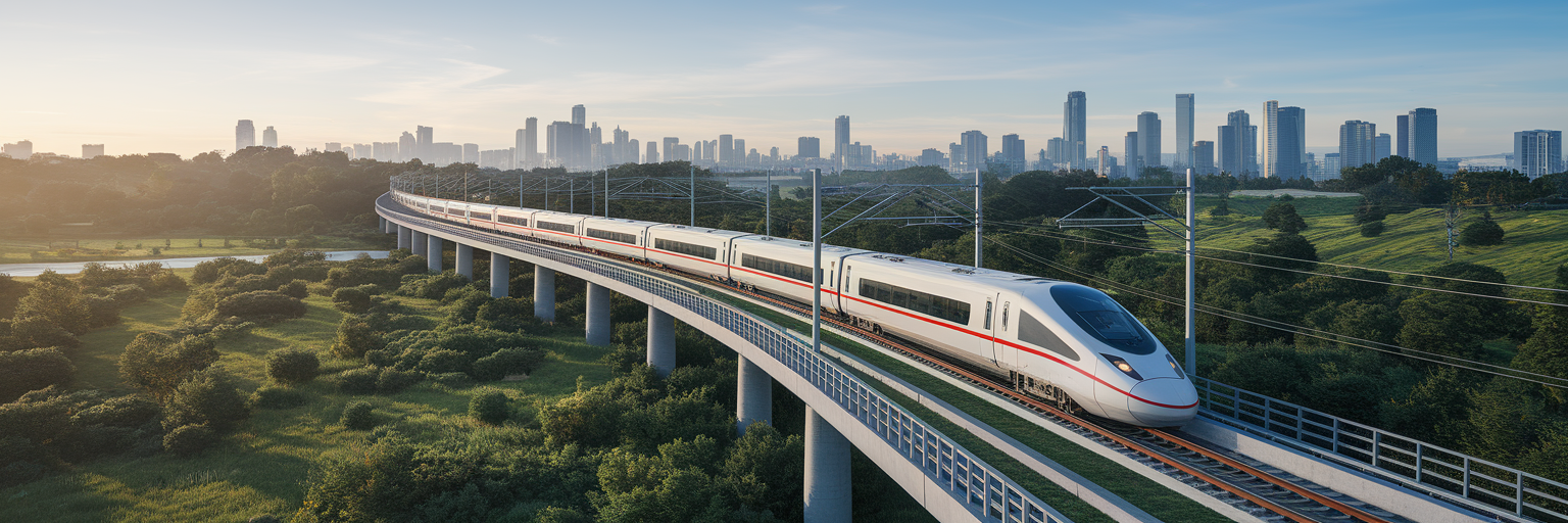 Modern train on track through landscape