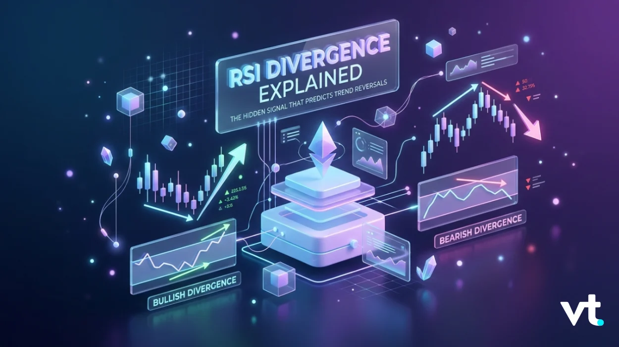 Futuristic infographic showing RSI divergence explained with charts, arrows, and a central 3D platform centerpiece labelled 'RSI Divergence Explained'.
