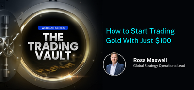 Webinar banner for The Trading Vault: 'How to Start Trading Gold With Just $100' featuring Ross Maxwell, Global Strategy Operations Lead.