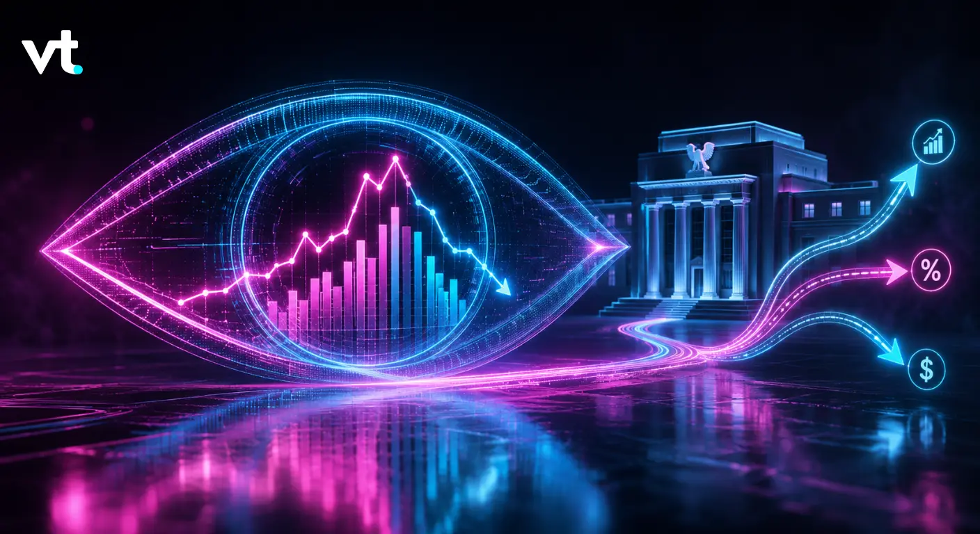 Neon holographic eye containing a pink/blue bar and line chart, with glowing arrows toward percent and dollar icons near a classical government-building backdrop.