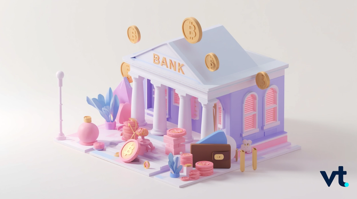 Pastel 3D illustration of a bank building with Bitcoin coins floating around it, in a pink–purple color scheme.