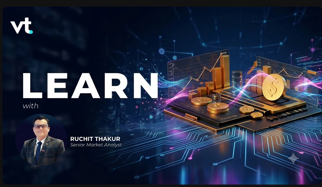Promotional banner for a learning series: large 'LEARN' text, 'with RUCHIT THAKUR, Senior Market Analyst' and a round photo of the speaker on the left against a dark blue tech background with gold coins and circuit graphics, vt logo in the top-left corner.