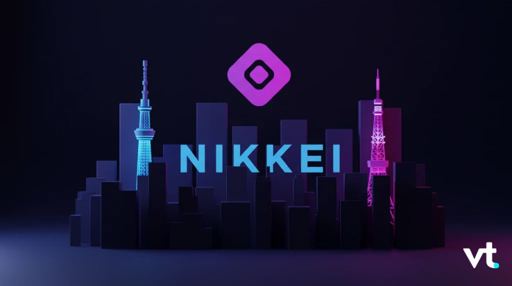 Neon-lit city skyline with blue and pink lights, the word NIKKEI across the center and a purple diamond logo above, vt branding in the bottom-right corner.