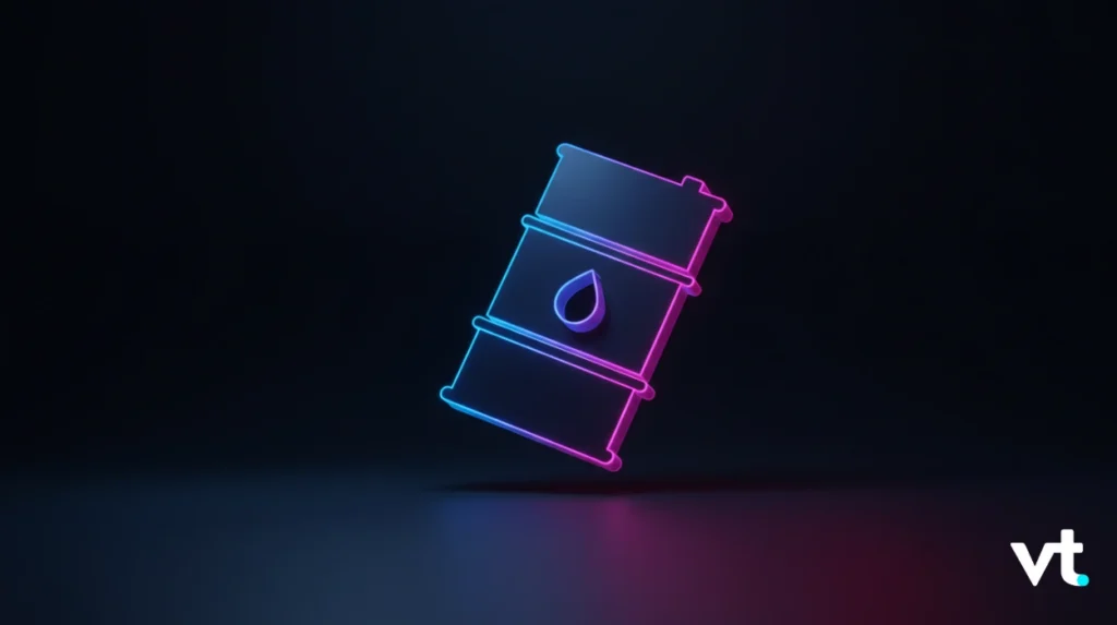 Neon blue-pink oil drum icon with a droplet floating above a dark surface, VT logo in the bottom-right corner.