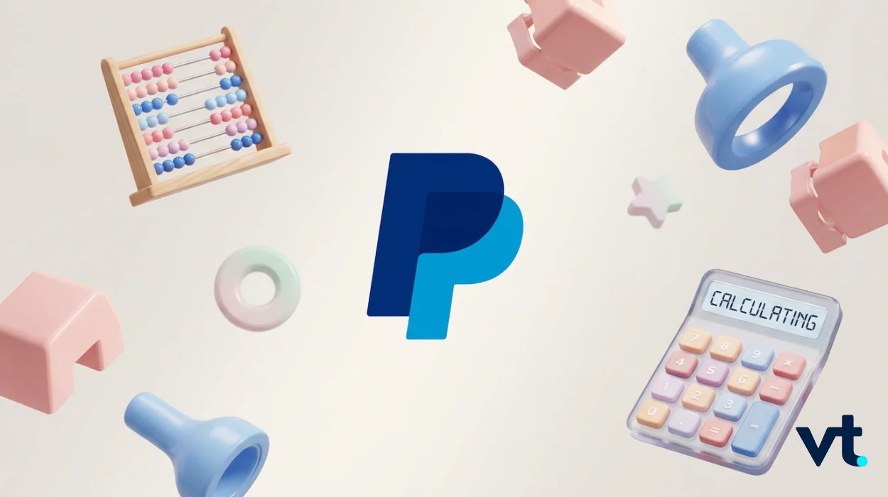 Center: blue PayPal-style logo surrounded by payment tools like a calculator and abacus, suggesting online payments.