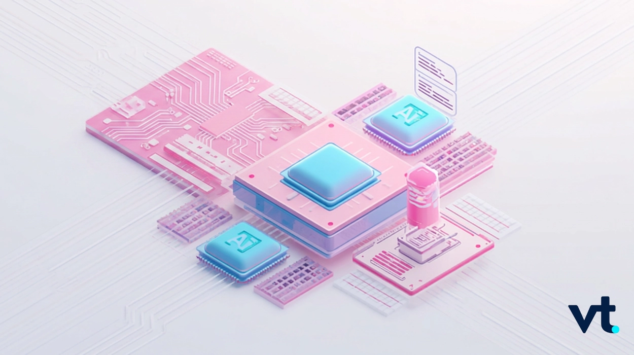 Abstract pink circuit board with glowing blue microchips and AI chip icons, VT logo at lower-right corner, conveying futuristic tech theme.