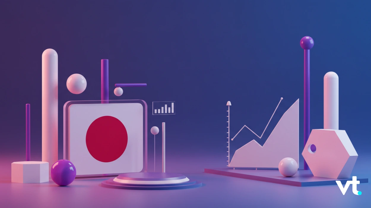 Abstract 3D data-visualization scene with a line graph and bar-like shapes on a panel, purple-red gradients, VT logo bottom-right.