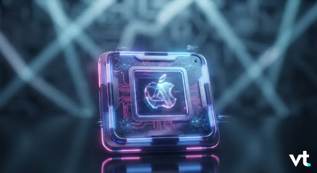 Futuristic glowing processor with a central Apple logo, neon pink and blue circuitry, VT logo bottom right.