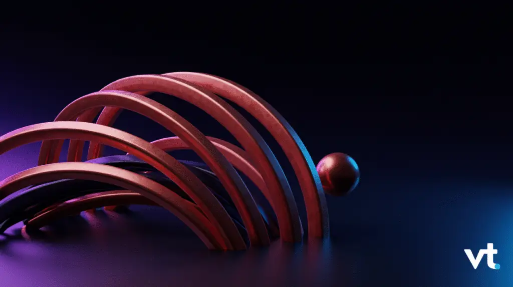 Abstract arrangement of red wooden hoops forming a spiral on a dark blue-purple gradient backdrop with a small sphere at the end.