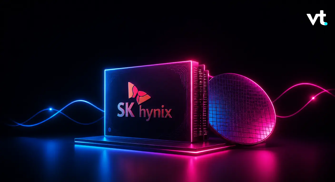Neon-lit SK hynix server rack with pink and blue glow against a dark background.
