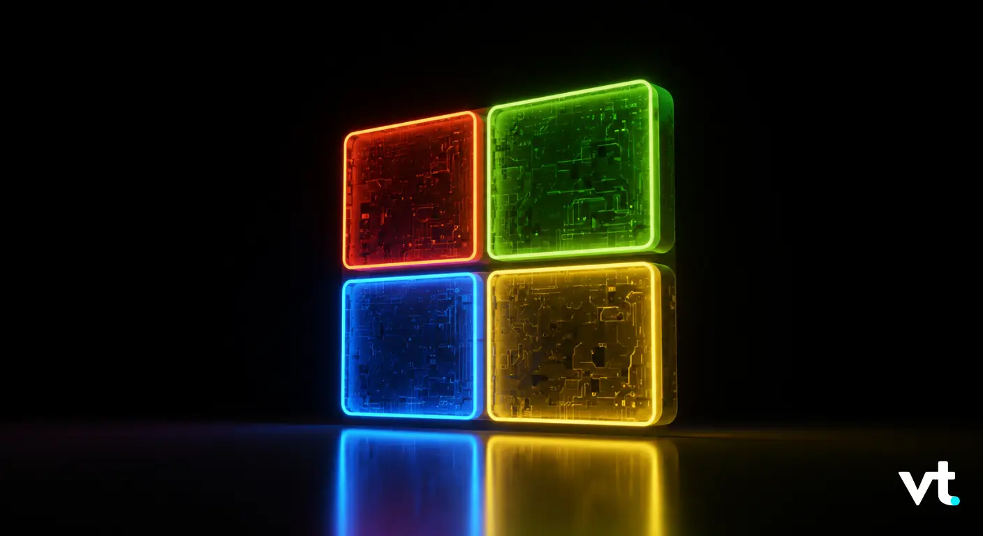 Neon-outlined Windows logo with red, green, blue, and yellow squares on a dark background, reflected on a glossy surface; VT branding bottom-right.
