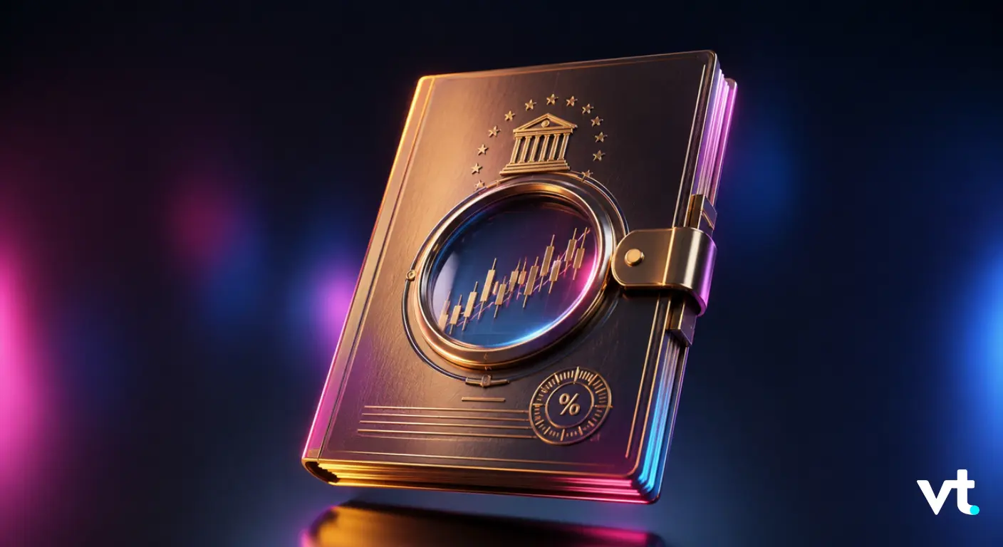 Gold-toned ledger with a circular window showing a stock chart and a percentage badge on the cover.