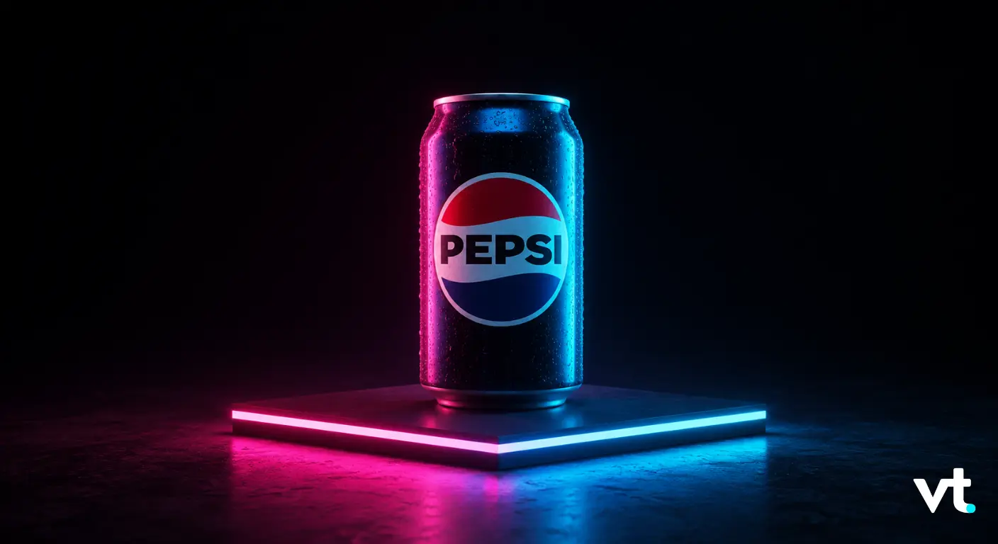 Pepsi can illuminated by pink and blue neon lights on a glowing platform in a dark studio as a moody product shot.