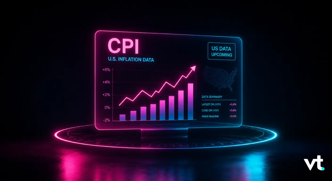 Neon panel showing CPI U.S. inflation data with a rising pink line and pink bars on a dark background.