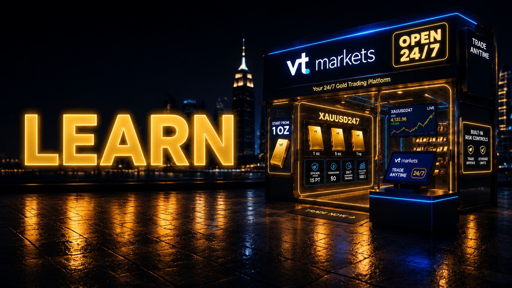 Nighttime cityscape with a neon-lit vt markets trading booth; a large yellow LEARN sign glows on the left, reflecting on wet pavement, and the booth advertises 24/7 gold trading and XAUUSD details.