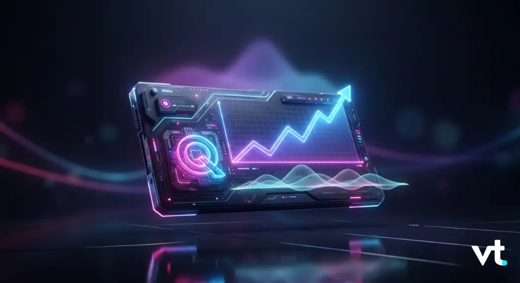 Futuristic neon data dashboard showing a rising stock chart with glowing pink and blue lines