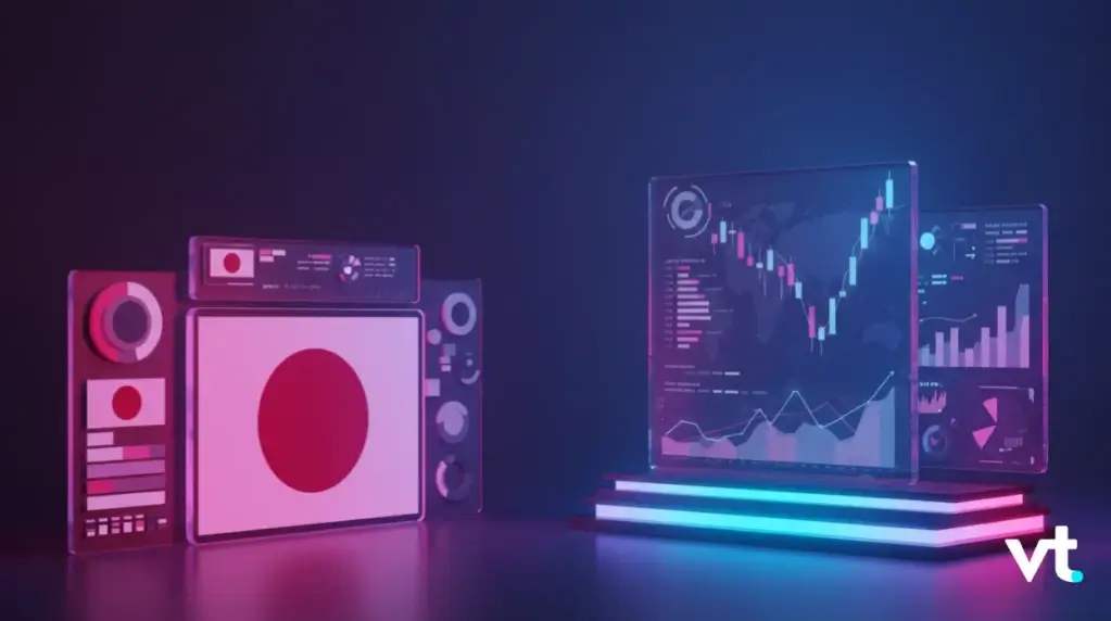 Futuristic data-visualization setup with neon screens: left panel shows a large pink circle, right panels display charts on a glowing pedestal.