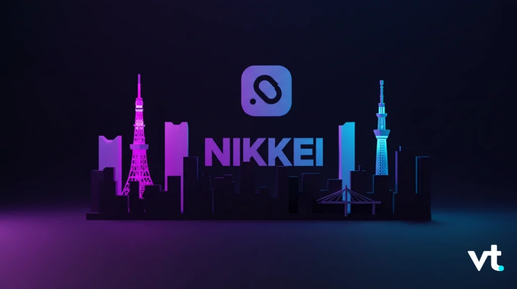 Neon-lit city skyline silhouette in pink and blue with 'NIKKEI' text and a rounded logo above; vt logo visible in bottom-right.