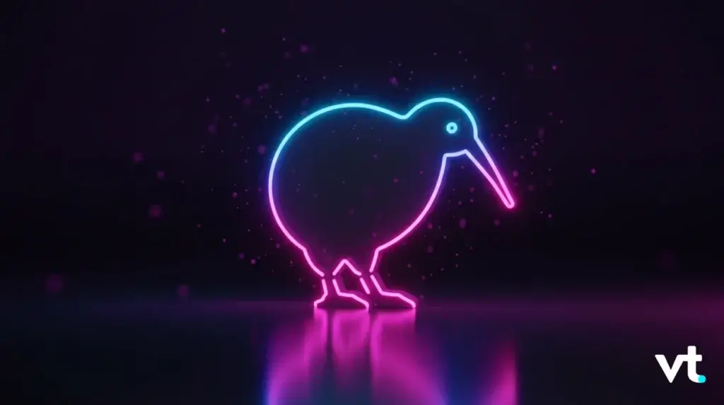 Neon outline of a bird (stork-like) in blue and pink, glowing on a dark stage with a reflective surface.
