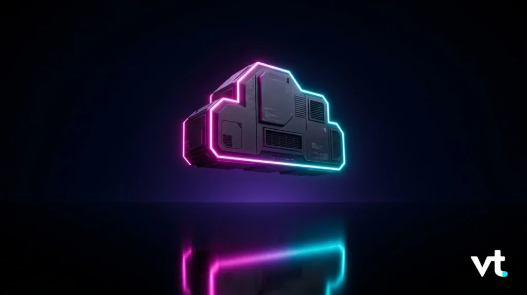 Floating neon cloud-shaped data server outlined in pink and blue against a dark background, reflected below; VT branding in the corner.