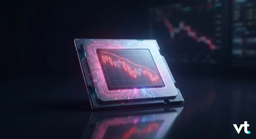 Futuristic processor with glowing pink circuitry and a red stock-chart display on its surface; VT logo in the corner.