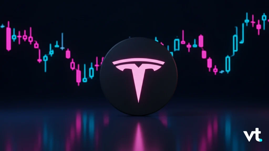 Dark round disk with a pink logo on a reflective surface; neon pink/blue candlestick chart glows in the background.