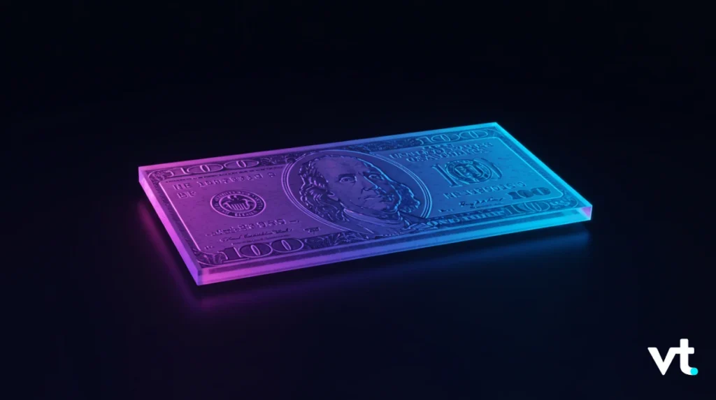 Stack of US hundred-dollar bills on a dark surface, illuminated by purple and blue neon light, VT logo in the corner.