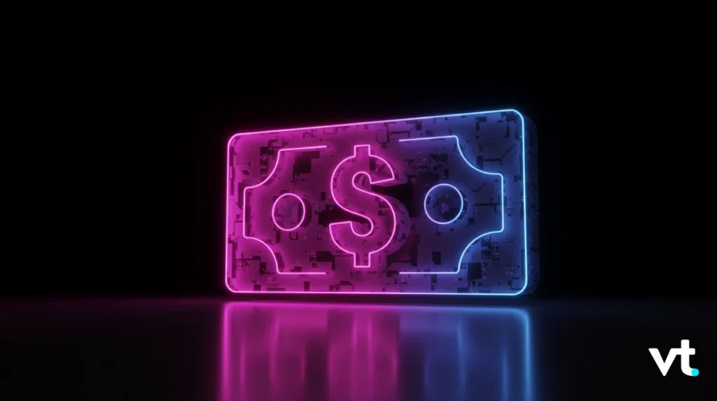 Neon pink and blue glowing dollar bill icon on a dark surface with a small VT logo in the corner.