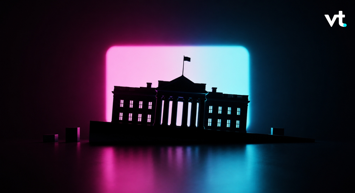 Silhouette of a neoclassical government building with columns, lit by pink and blue neon glow against a dark background.