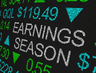 Close-up of a digital stock board displaying 'EARNINGS SEASON' with green and blue numbers and trend arrows.