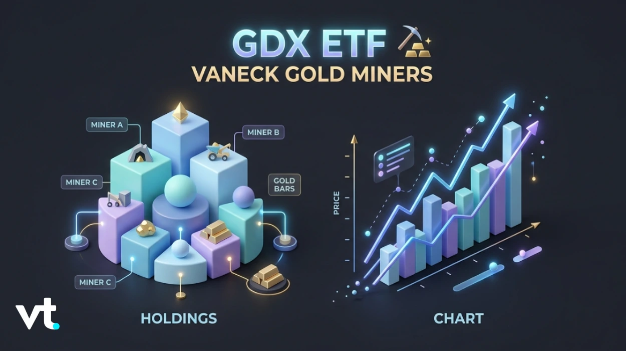 GDX ETF VANECK GOLD MINERS showing a 3D 'Holdings' cluster of colored blocks labeled miners A, B, C with gold bars and icons on top left; 'Chart' on the right shows a stylized price chart with bars and a rising line, on a dark background.