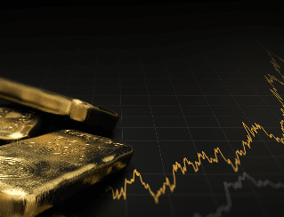 Gold bars beside a rising stock chart on a dark background, symbolizing wealth and market growth.