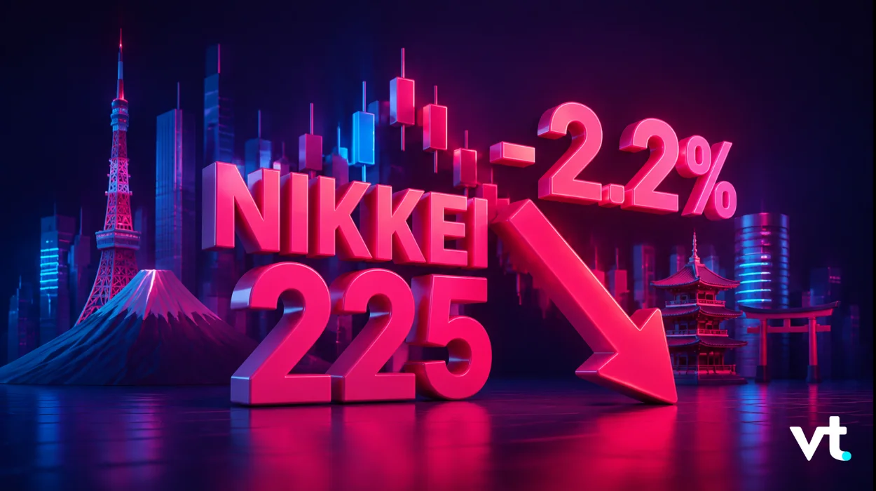 Neon cityscape with large pink 225 and -2.2% showing Nikkei 225 decline, vt logo in corner.