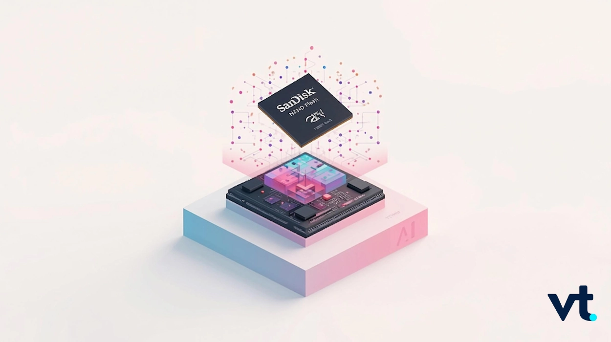 3D illustration of a SanDisk memory chip hovering above a processor board on a pastel pink-blue pedestal, symbolizing AI hardware.