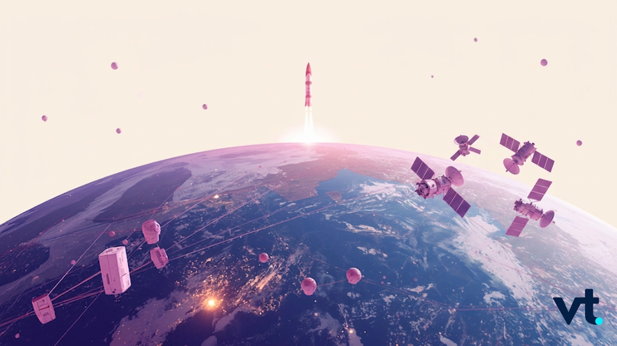 Rocket lifting off from Earth with satellites orbiting in a pastel-space illustration (view from space).