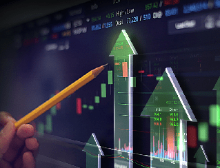 Close-up of a hand with a pencil pointing at rising stock charts and green upward arrows on a digital display, suggesting market growth.