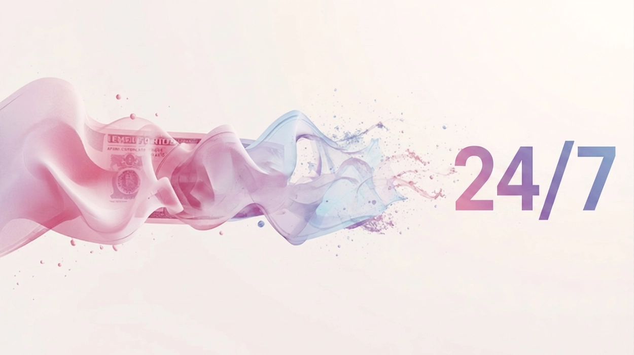 Pastel pink and blue smoke swirls across the left with '24/7' on the right, representing 24/7 availability.
