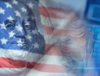 American flag overlaid on a portrait with coins and a calculator, symbolizing patriotism and finance.