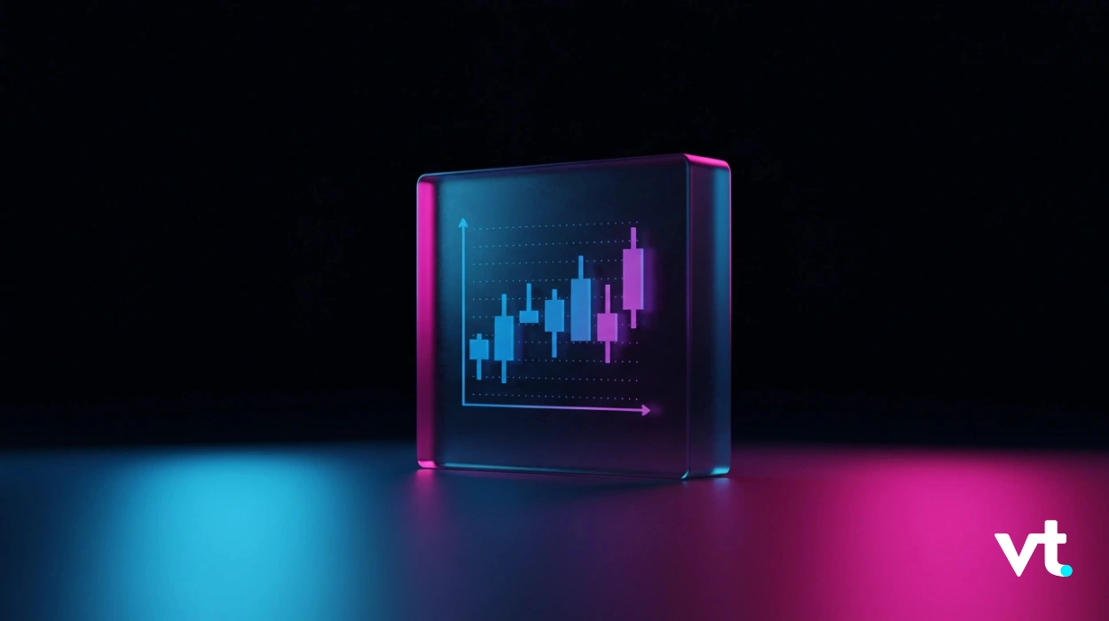 Neon-lit glass tile showing a blue and purple candlestick chart on a dark background, with a VT logo in the bottom-right corner.