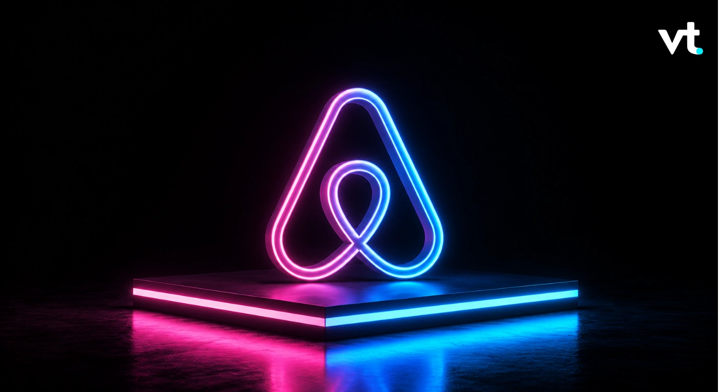 Neon pink and blue abstract loop sculpture on a lit square pedestal in a dark studio, VT logo in corner.