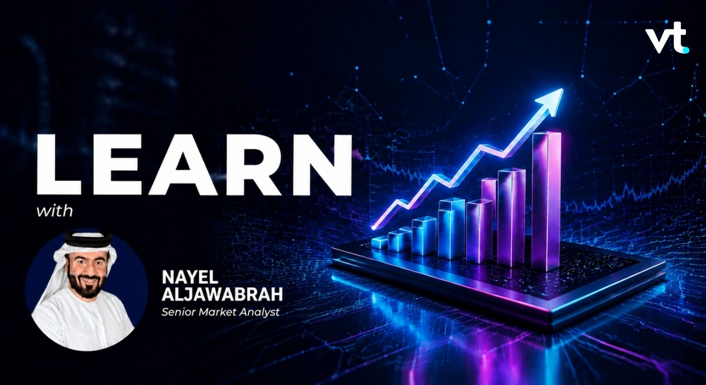 Promotional banner for Learn with Nayel Aljawabrah, showing a rising neon bar chart on a tablet and a photo of Nayel, with VT logo in the corner.