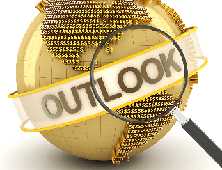 Gold globe with a magnifying glass over a ribbon reading OUTLOOK, signaling financial or global outlook.