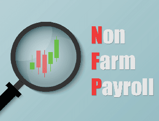 Magnifying glass over a candlestick stock chart beside the words Non Farm Payroll (NFP).
