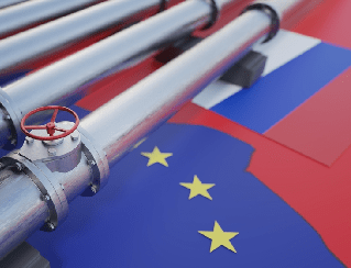 Industrial pipelines and a red valve overlaid with the European Union flag (blue field with yellow stars) and red flag shapes.