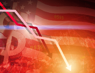 Abstract collage showing a white downward-trending arrow over red/orange stock market lines, with a faded US flag background, implying market decline.